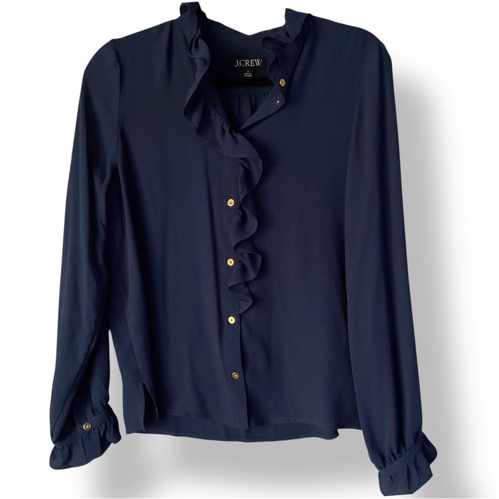 J Crew women’s long Sleeve blouse button up golden buttons ruffles 8 EUC